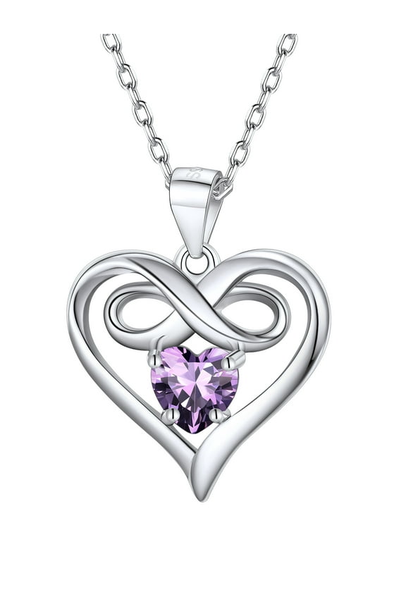 Infinity Heart Necklace for Women 925 Sterling Silver February Amethyst Crystal Birthstone Forever Love Pendant Jewelry Birthday Mothers Day Gift for Wife Mom