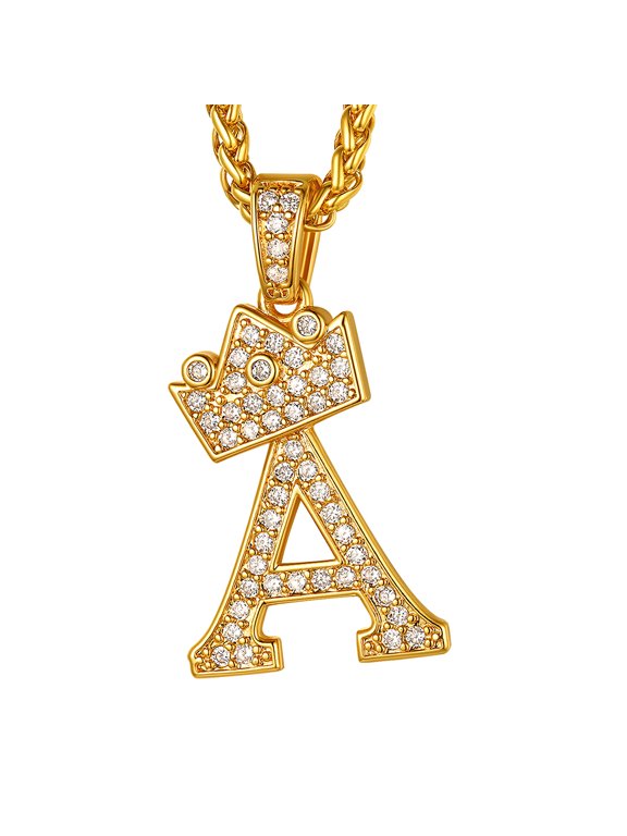 Initial A Necklace for Men 14K Gold Plated Crown Hip Pop Monogram Cubic Zirconia Letter Pendant for Women Jewelry Birthday Gift