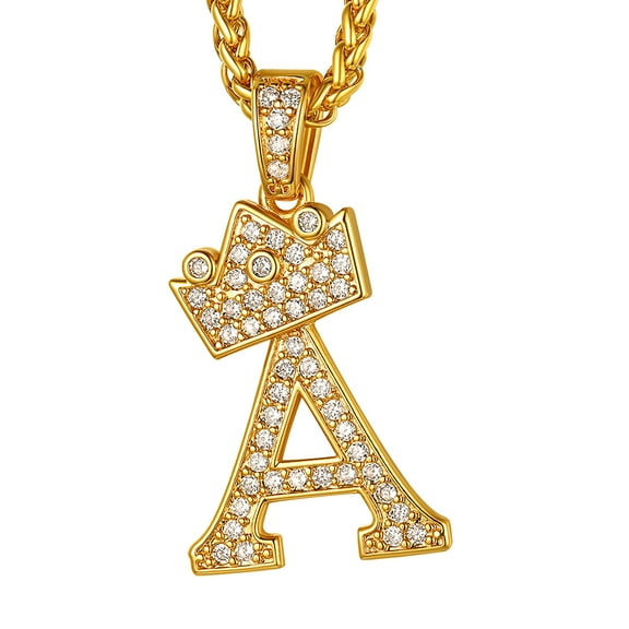U7 Initial A Necklace for Men 14K Gold Plated Crown Hip Pop Monogram Cubic Zirconia Letter Pendant for Women Jewelry Birthday Gift
