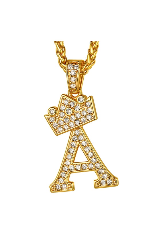 Initial A Necklace for Men 14K Gold Plated Crown Hip Pop Monogram Cubic Zirconia Letter Pendant for Women Jewelry Birthday Gift