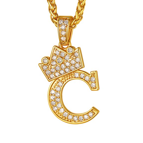 U7 Initial C Necklace for Men 14K Gold Plated Crown Hip Pop Monogram Cubic Zirconia Letter Pendant for Women Jewelry Birthday Gift