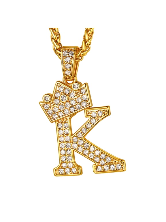 Initial Crown Alphabet Necklace Cubic Zirconia Letter K 18K Gold Plated Hip Hop Rapper Pendant Chain for Men Women