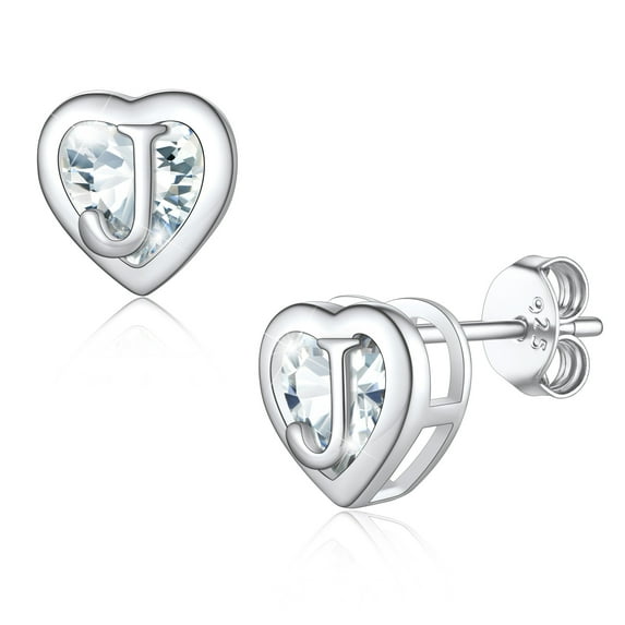U7 Initial Heart Stud Earrings for Women Letter J Earring Sterling Silver Hypoallergenic Studs CZ Earring Jewelry for Mom Daughter Birthday Valentines Day Gift