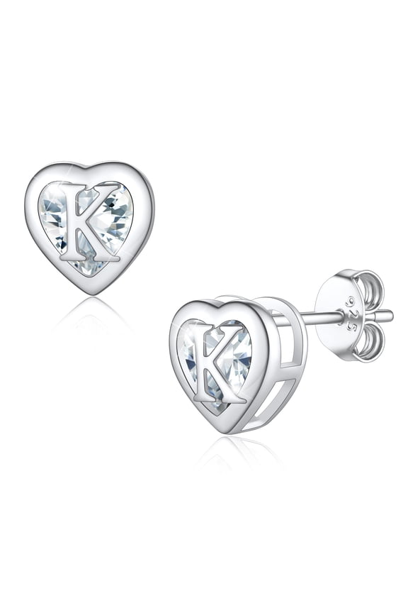 Initial Heart Stud Earrings for Women Letter K Earring Sterling Silver Hypoallergenic Studs CZ Earring Jewelry for Mom Daughter Birthday ValentinesDay Gift