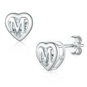 U7 Initial Heart Stud Earrings for Women Letter M Earring Sterling Silver Hypoallergenic Studs CZ Earring Jewelry for Mom Daughter Birthday Mother's Day Gift