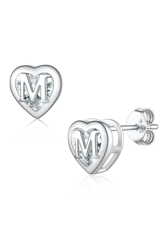 Initial Heart Stud Earrings for Women Letter M Earring Sterling Silver Hypoallergenic Studs CZ Earring Jewelry for Mom Daughter Birthday Mother's Day Gift
