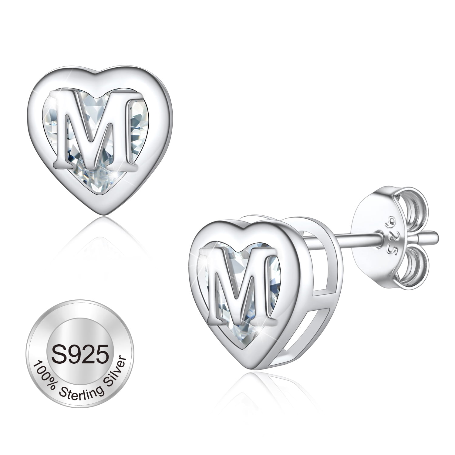 U7 Initial Heart Stud Earrings for Women Letter M Earring Sterling Silver Hypoallergenic Studs CZ Earring Jewelry for Mom Daughter Birthday Mother's Day Gift