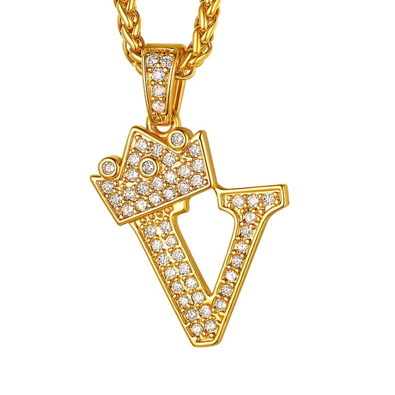U7 Initial V Necklace for Men 14K Gold Plated Crown Hip Pop Monogram Cubic Zirconia Letter Pendant for Women Jewelry Birthday Gift