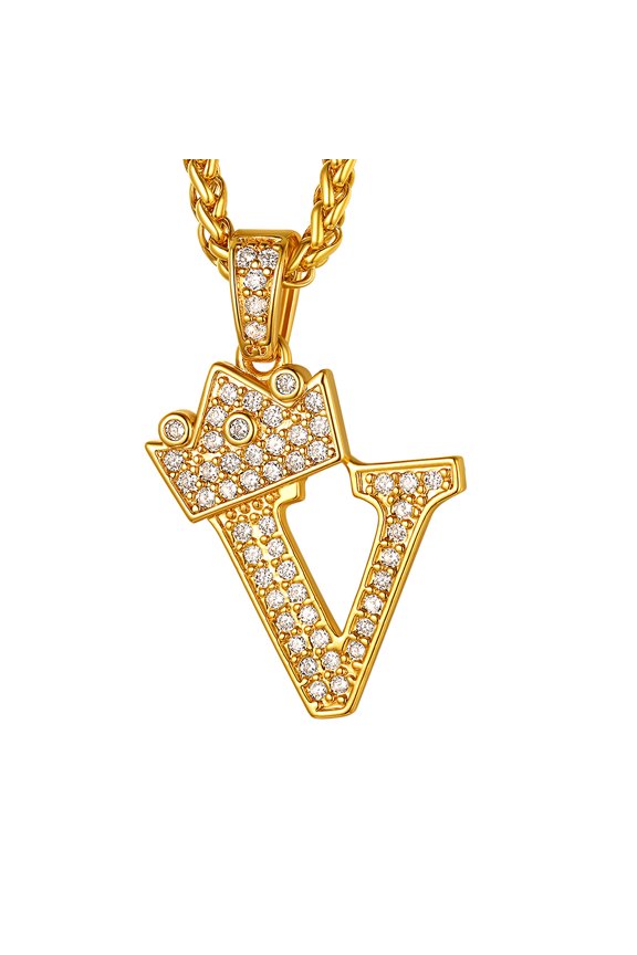 Initial V Necklace for Men 14K Gold Plated Crown Hip Pop Monogram Cubic Zirconia Letter Pendant for Women Jewelry Birthday Gift