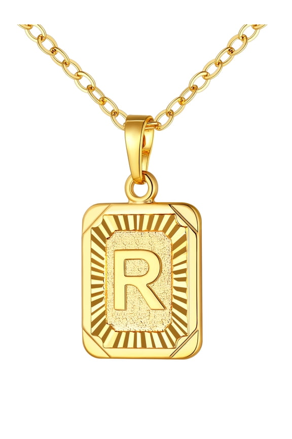Initial Monogram Necklace Letter Gold Pendant R for Women Men,Square Capital Resizable Chain