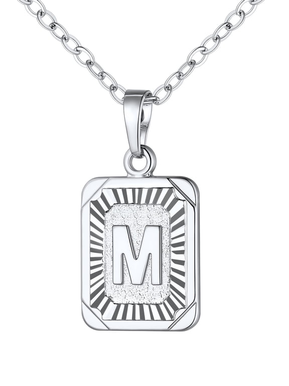Initial Monogram Necklace Letter Pendant M Platinum Plated for Women Men,Square Capital Resizable Chain