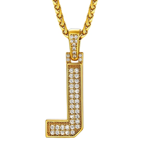 U7 Initial Necklace for Men Women Personalized Gift 14K Gold Plated Letter J with Bling CZ Hip Hop Pendant