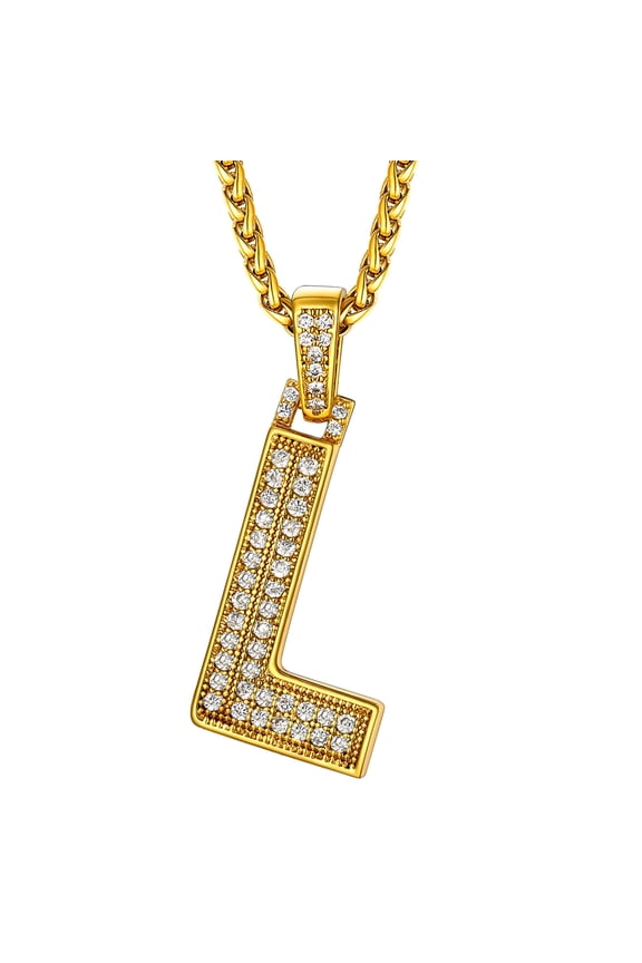 Initial Necklace for Men Women Personalized Gift 14K Gold Plated Letter L with Bling CZ Hip Hop Pendant