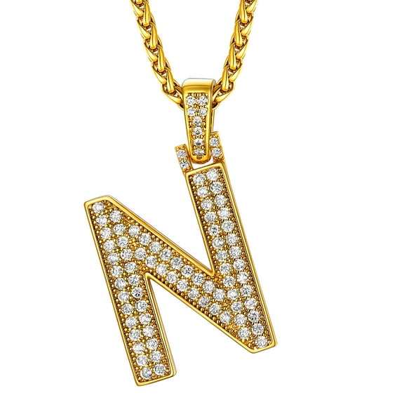 U7 Initial Necklace for Men Women Personalized Gift 14K Gold Plated Letter N with Bling CZ Hip Hop Pendant