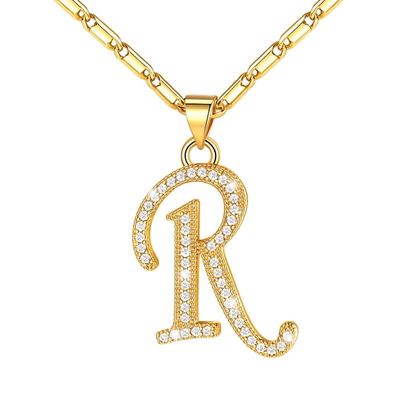 U7 Initial Necklace for Women 14K Gold Plated CZ Crystal Letter R Pendant Necklace Name Chain Dainty Personalized Birthday Valentines Gift Jewelry for Mom Wife Friend