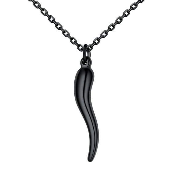 U7 Black Necklace for Men Women Small Italian Horn Stainless Steel Lucky Charm Amulet Pendant Gift for Him