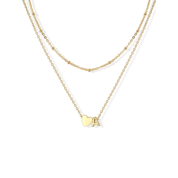 U7 Layered Heart Initial Pendant Necklace for Women Tiny 14K Gold Plated Letter A Necklace Jewelry Gift for Mother's Day Gift
