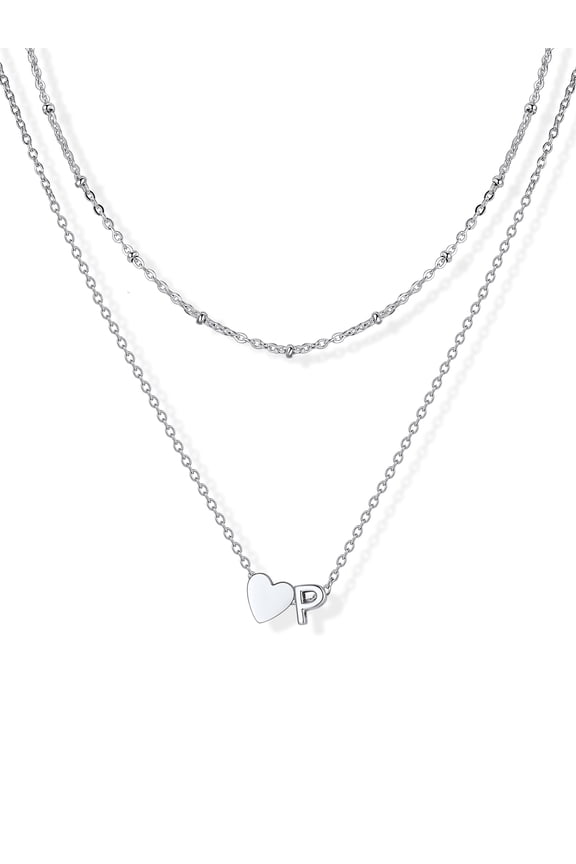 Layered Heart Initial Pendant Necklace for Women Tiny Silver Color Letter P Necklace Jewelry Gift for Mother Wife Girlfriend