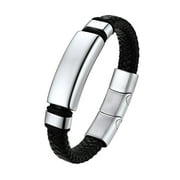 U7 Simple Leather Bracelets For Men Boys Adjustable Braided Leather Wristband ID Tag Stainless Steel Bracelet Fathers Day Gift,19cm/7.5 Inch