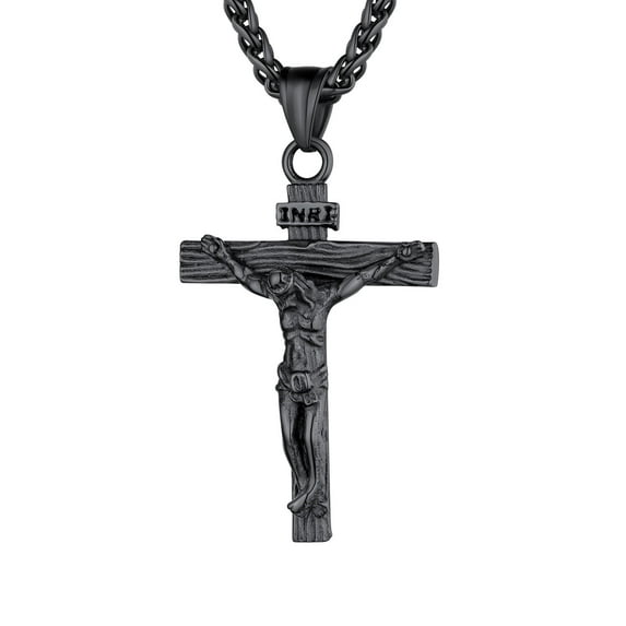 U7 Men Cross Necklace Jesus Crucifix INRI Cross Pendant for Women with 24" Black Chain Stainless Steel Christmas Day Gift