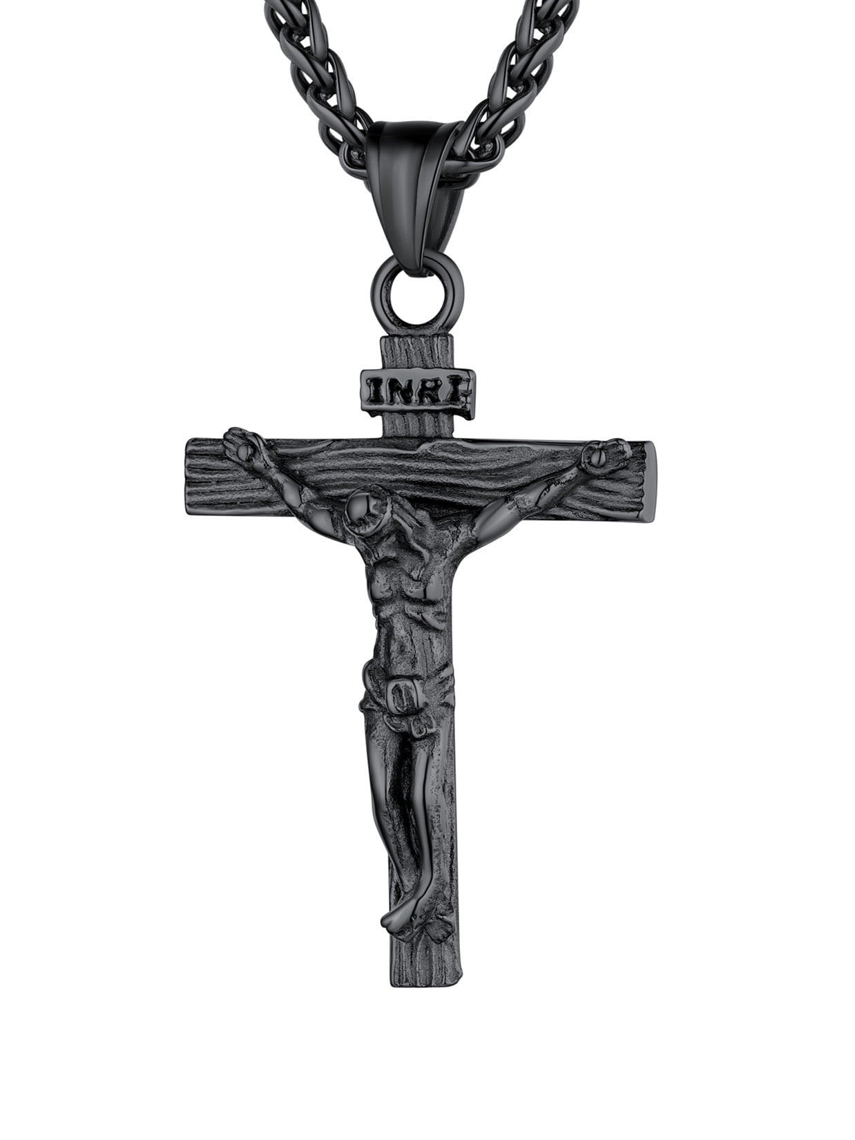 U7 Men INRI Crucifix Jesus Cross Pendant Necklace Black Plated Chain Religious Jewelry for Boyfriend Christmas Baptism Christian Gift