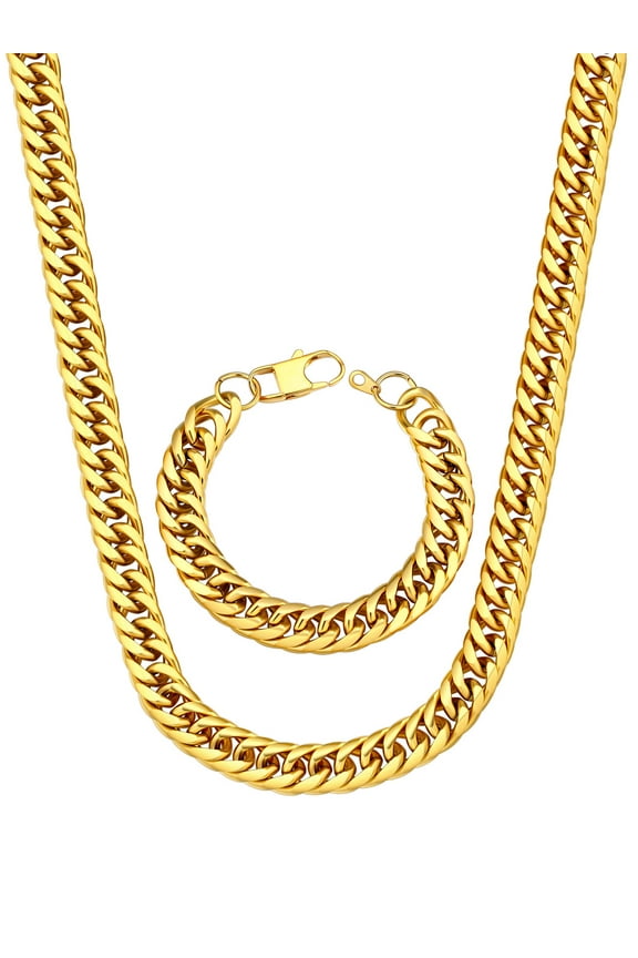 Stainless Steel Chunky Miami Franco Cuban Chain for Men Necklace Bracelet Gold Plated Jewelry Set 2-Piece in 12MM Width 26 Inch