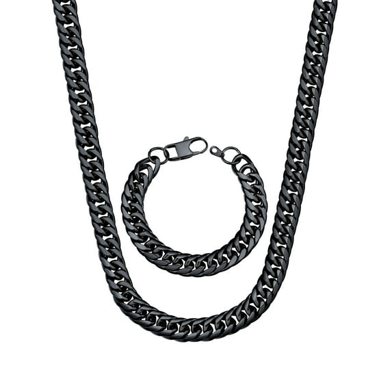 U7 Black Chunky Miami Franco Cuban Chain for Men Necklace Bracelet Stainless Steel Jewelry Set 2-Piece in 12MM Width 30 Inch
