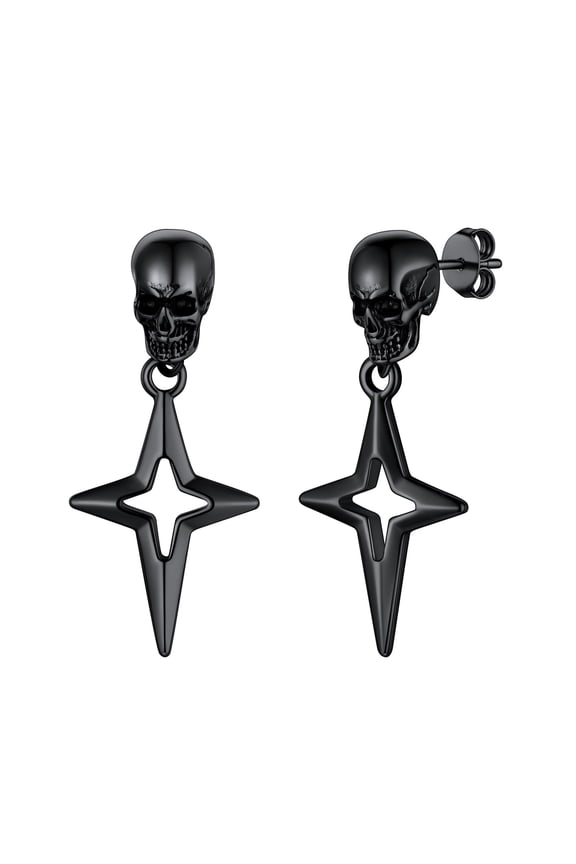 Mens Earring Skull Head with Star Black Studs Dangle Drop Earrings Stainless Steel Gothic Punk Style For Son Daughter Gift