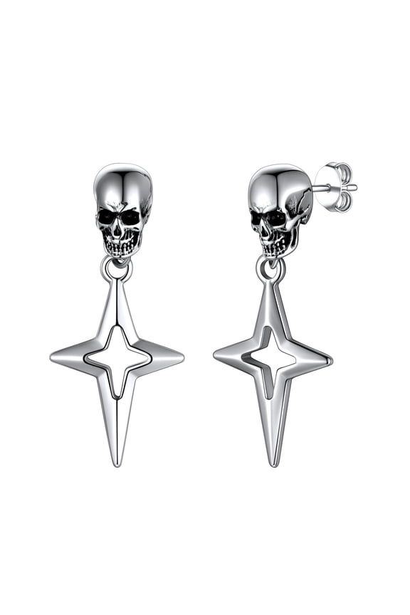Mens Earring Skull Head with Star Silver Studs Dangle Drop Earrings Stainless Steel Gothic Punk Style For Son Daughter Gift