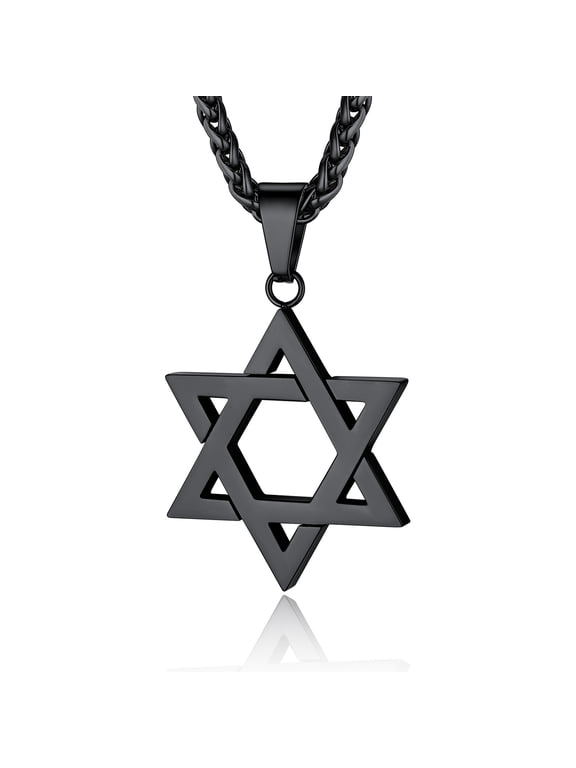 Mens Star of David Necklace Black Plated Pendant for Men Women with Stainless Steel 3mm Wheat Chain 22+2 Inches