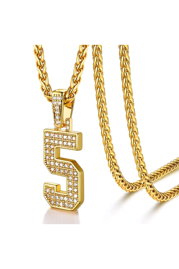 Number Necklace for Men Women Personalized Gift 14K Gold Plated Bling CZ Number 5 Hip Hop Pendant