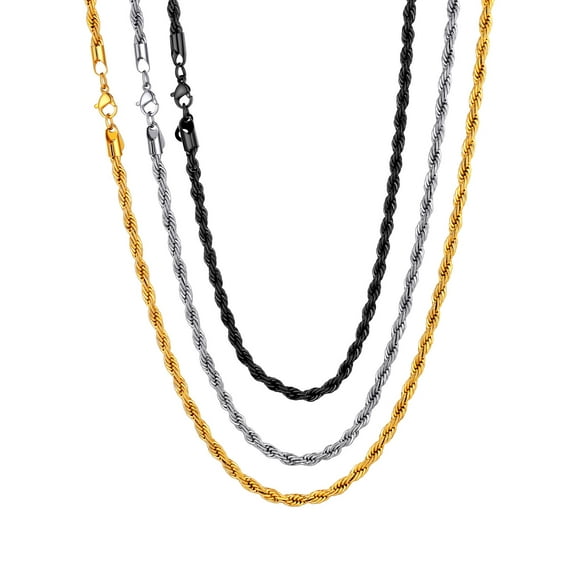U7 Rope Necklace 3Pcs Men Women 3mm Stainless Steel Black 14K Gold Plated Twisted Rope Chain Jewelry Gift Set 28 Inch