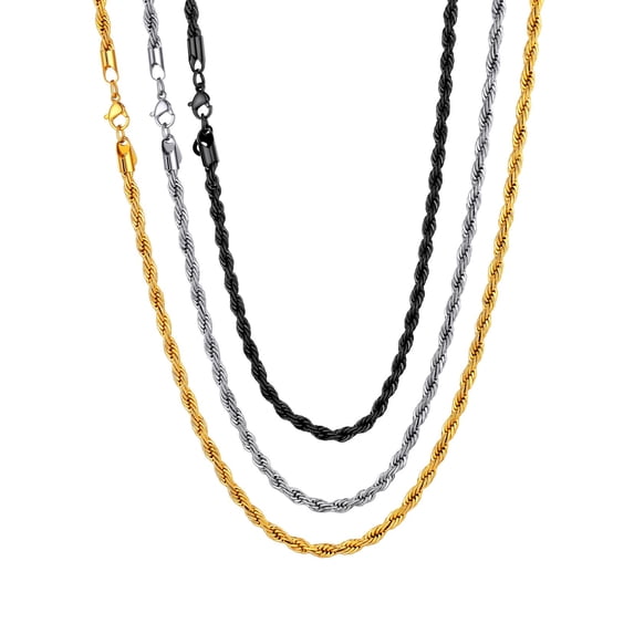 U7 Rope Necklace 3Pcs Men Women 3mm Stainless Steel Black 14K Gold Plated Twisted Rope Chain Jewelry Gift Set 30 Inch