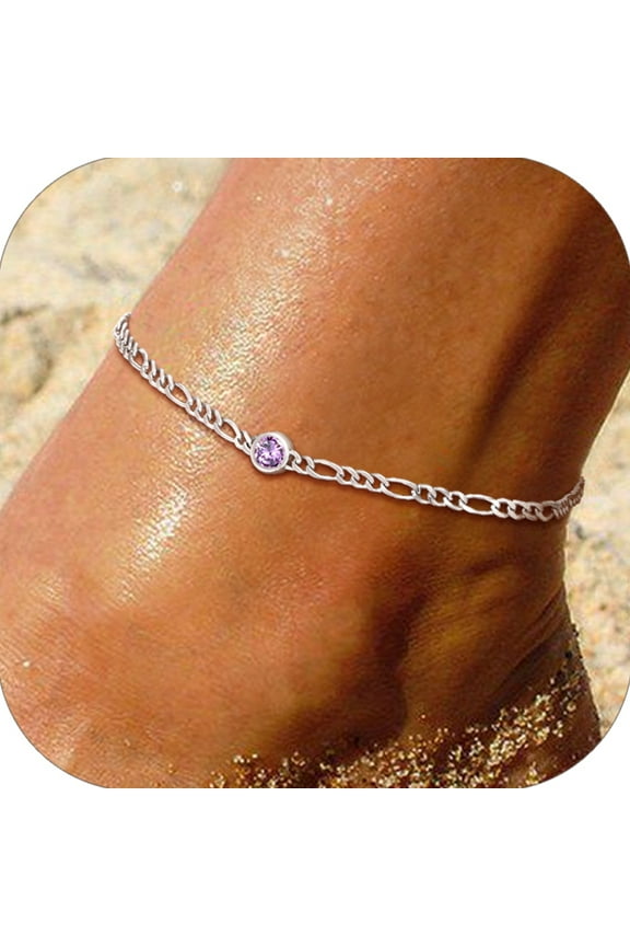 Round Birthstone Anklet Bracelet for Women April White Diamond Sterling Silver Figaro Anklet Charming Summer Jewelry Gift Beach Foot Chain for Daughter