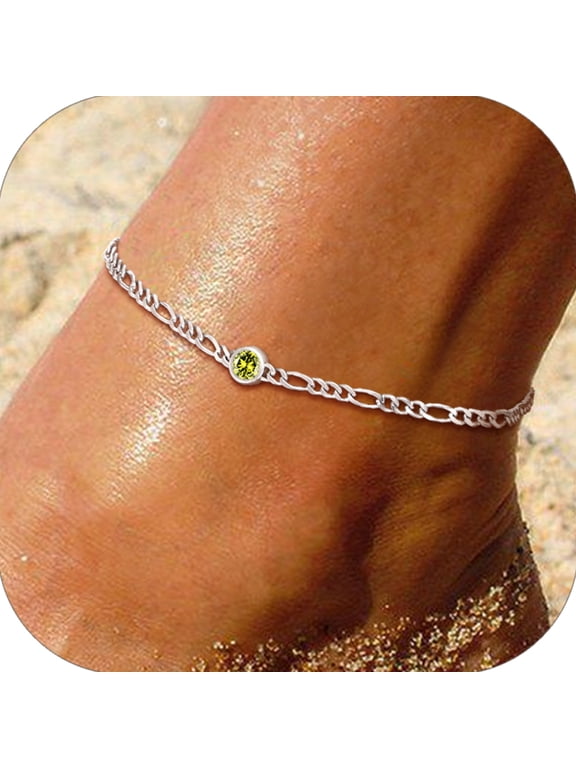Round Birthstone Anklet Bracelet for Women August Green Peridot Sterling Silver Figaro Anklet Charming Summer Jewelry Gift Beach Foot Chain for Daughter