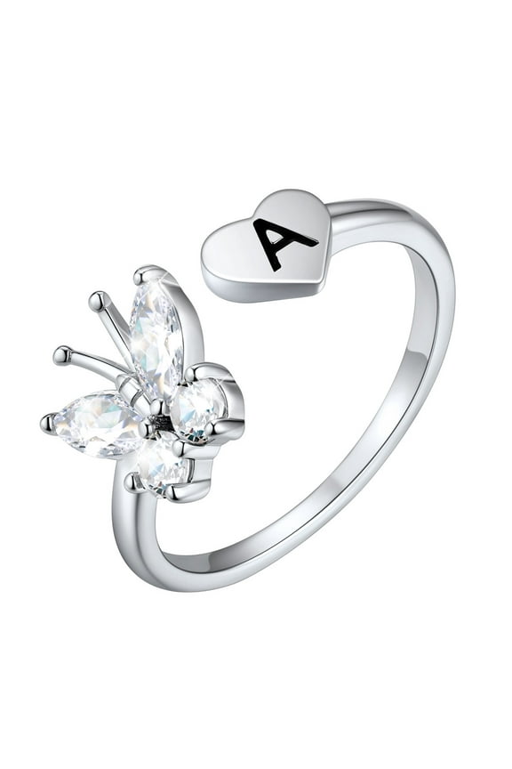 Butterfly Sterling Silver Rings for Women Adjustable Open Band Initial Ring Heart Letter A Birthday Christmas Mothers Day Jewelry Gift for Mom Wife Daughter