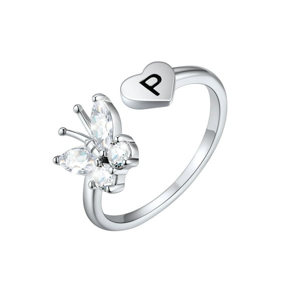 U7 Butterfly Sterling Silver Rings for Women Adjustable Open Band Initial Ring Heart Letter P Birthday Christmas Mothers Day Jewelry Gift for Mom Wife Daughter