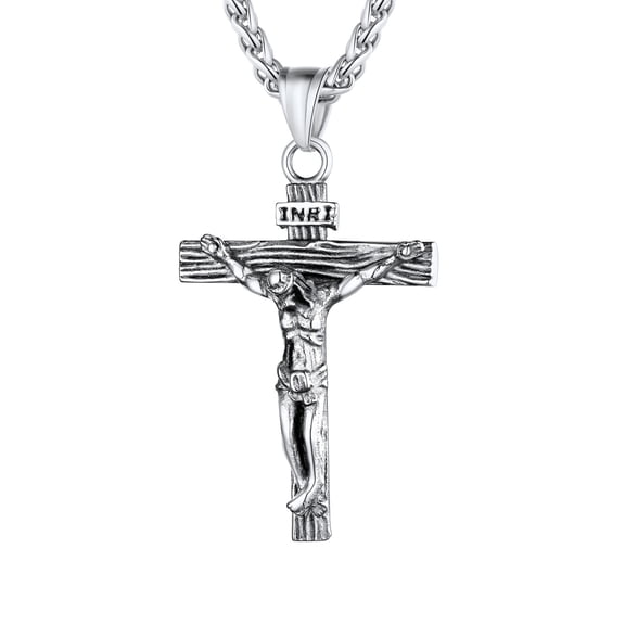 U7 Silver Cross Necklace for Men Women 24" Jesus Crucifix INRI Cross Pendant Necklaces Christian Religious Jewelry Gift for Baptism Christmas Stuffers