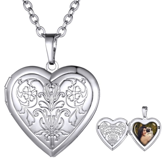 U7 Silver Flower Grain Pendant Heart Locket Necklace for Women Daughter Mother's Day Valentine Personalized Memorial Gift Custom Love Heart Necklaces
