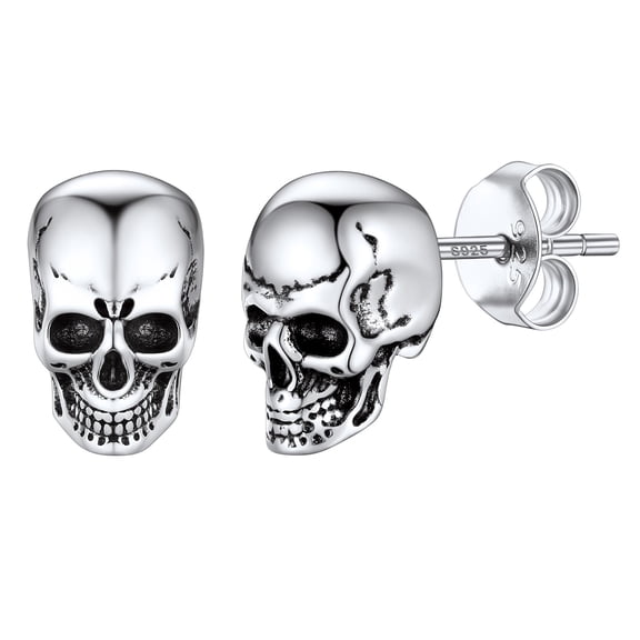 U7 Skull Stud Earring Sterling Silver Earrings for Men Cool Punk Skeleton Hip Pop Jewelry Party Gift for Son