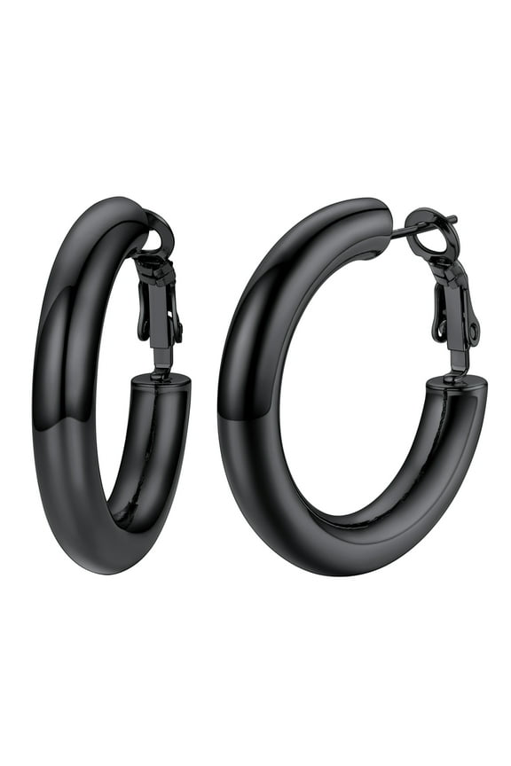 Chunky Hoop Earrings for Women Stainless Steel Jewelry Black Large Earring 30mm Birthday Christmas Gift for Daughter Wife