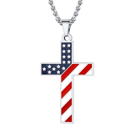 U7 Stainless Steel Patriotic Cross Necklace for Women Men Fashion American Flag Religious Christmas Jewelry Gift