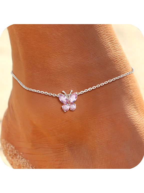 Sterling Silver Anklet for Women Butterfly October Birthstone Foot Bracelet Summer Beach Holiday Jewelry Gift for Her Daughter Birthday