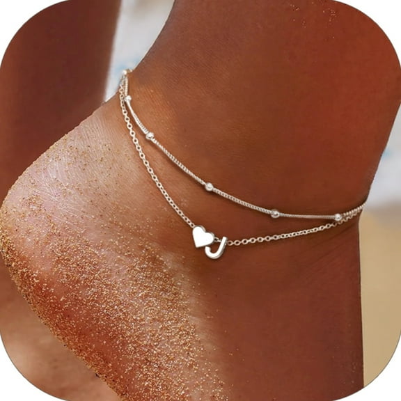 U7 Sterling Silver Anklets for Women Letter J Layered Heart Initials Ankle Bracelets Waterproof Summer Beach Jewelry Birthday Personalized Gifts for Mom Wife