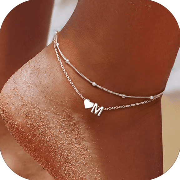 U7 Sterling Silver Anklets for Women Letter M Layered Heart Initials Ankle Bracelets Waterproof Summer Beach Jewelry Birthday Personalized Gifts for Mom Wife