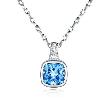 U7 Sterling Silver Chain Necklace Birthstone Round Pendant for Mom Daughter March Blue Aquamarine Crystal 925 Necklaces for Women Birthday Christmas Mother Day Gift
