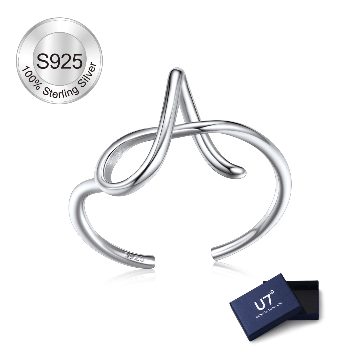 U7 Sterling Silver Ring for Women Adjustable Open Initial Rings Twisted Stackable Dainty Birthday Mother's Day Gifts Jewelry for Mom Daughter