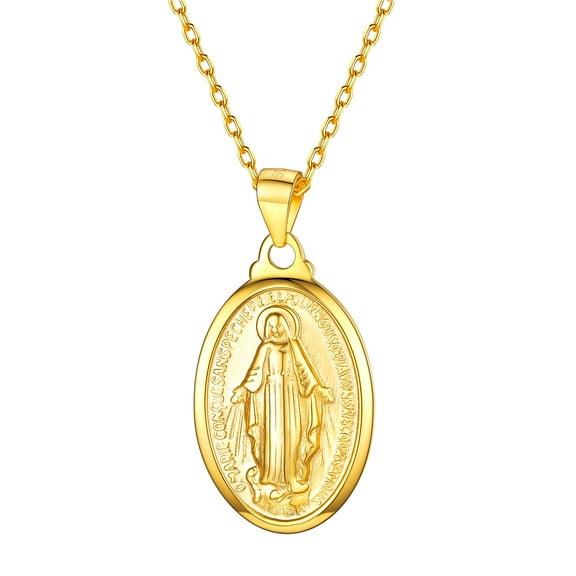 U7 Sterling Silver Virgin Mary Oval Pendant for Women Necklace Catholic Christian Cross 14K Yellow Gold Plated Chains