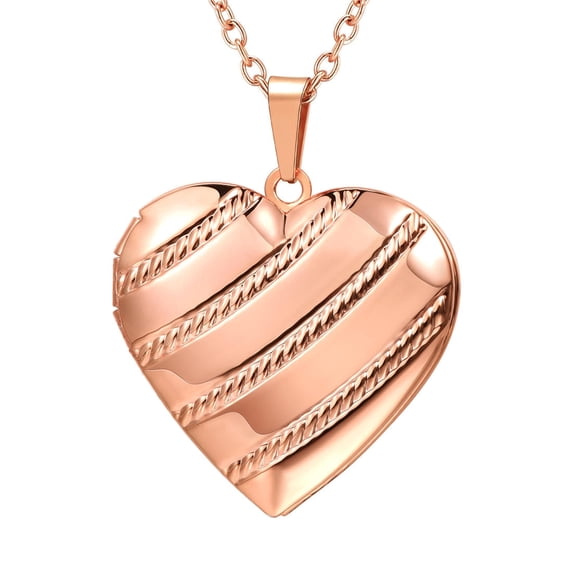 U7 Stripe Locket Necklace Rose Gold Plated Heart Pendant for Women Daughter Mother's Day Valentine Personalized Memorial Gift Custom Love Heart Necklaces