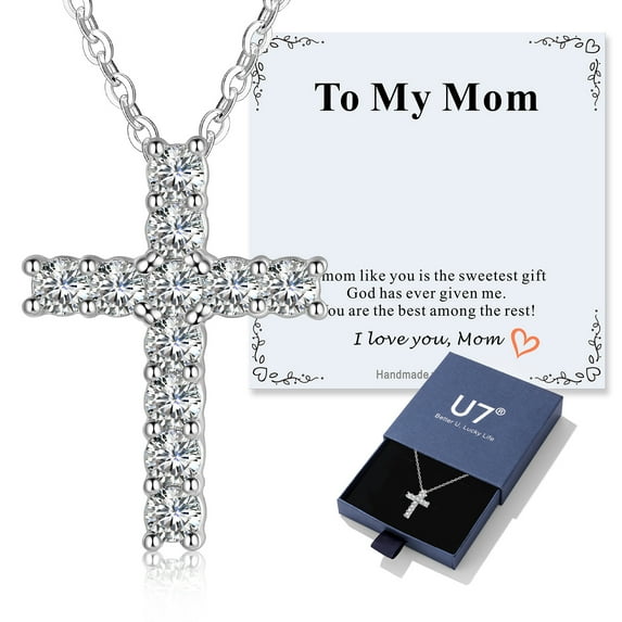 U7 To My Mom Cross Necklace for Women Dainty Silver Cubic Zirconia 18 Inch Pendant Necklace Mother's Day Birthday Gift for Her with Card